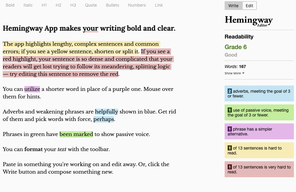 Hemingway App text editing proofreading tool