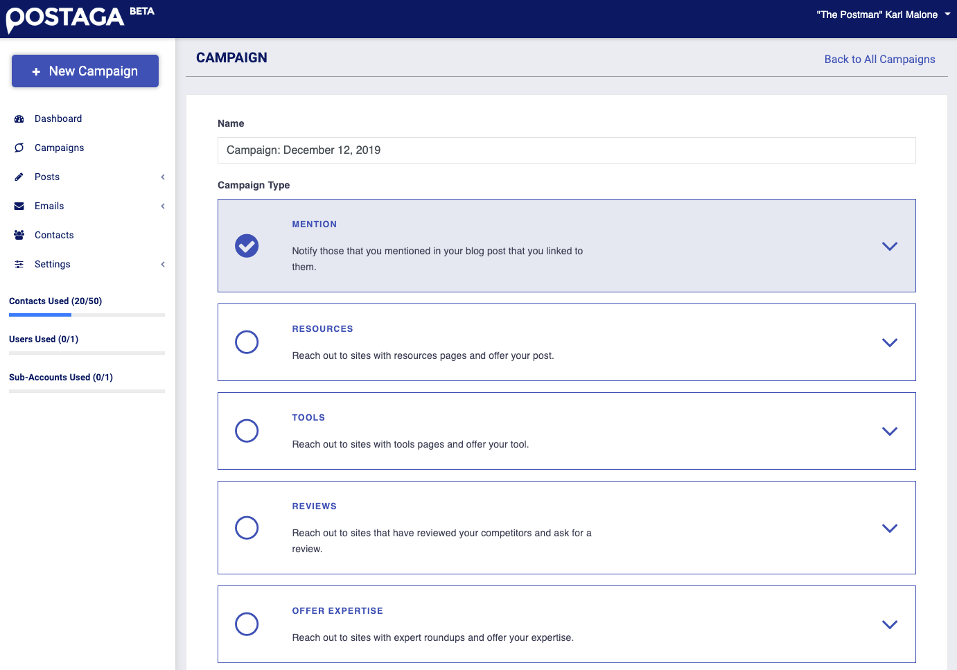 postaga-campaign-choose Postaga choose your campaign type - mention outreach, resources, tools, reviews, expertise, link roundup, custom url campaign