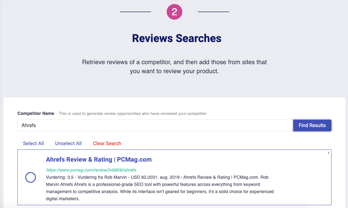 reviews-search searching for review articles about competitor products to reach out to for linkbuilding outreach in postaga