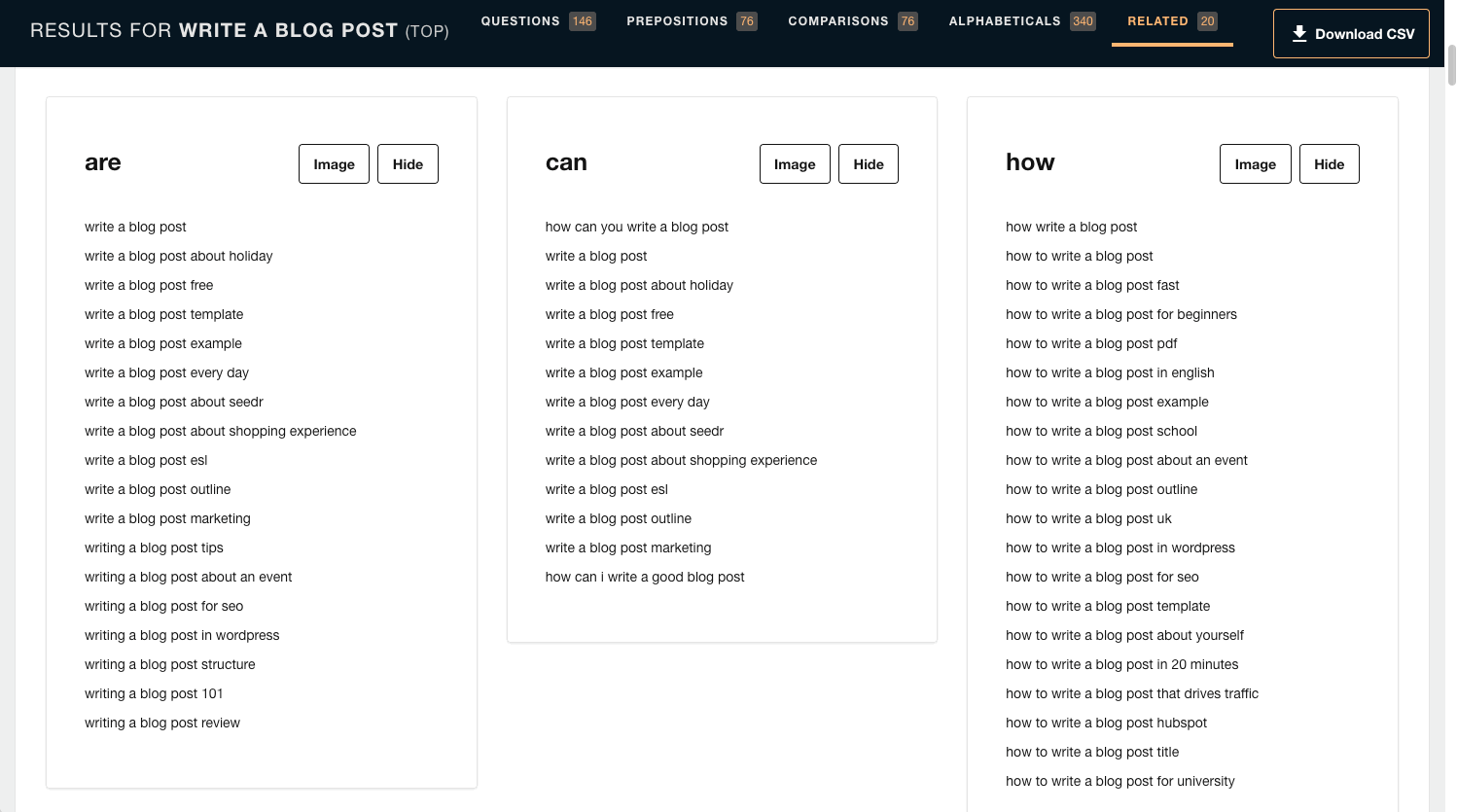 Answer the Public keyword topic ideas for blog posts and link-building
