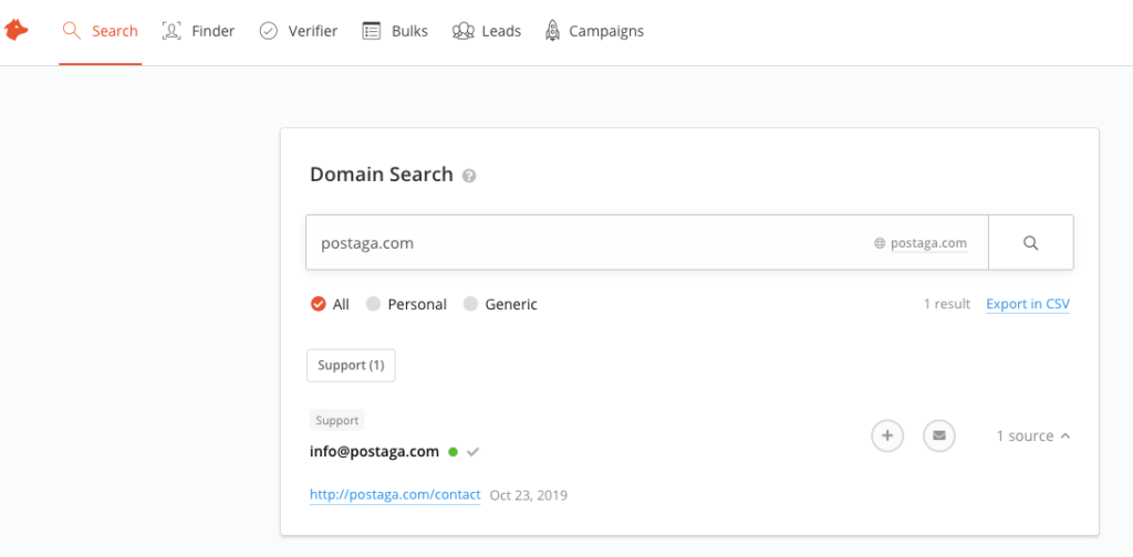 hunter-io search result for finding email addresses of people at a company