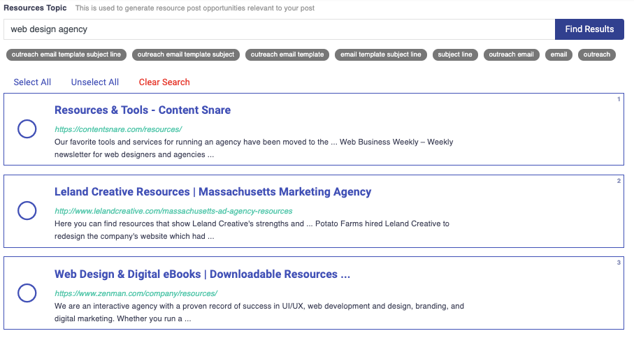 resource outreach research search results