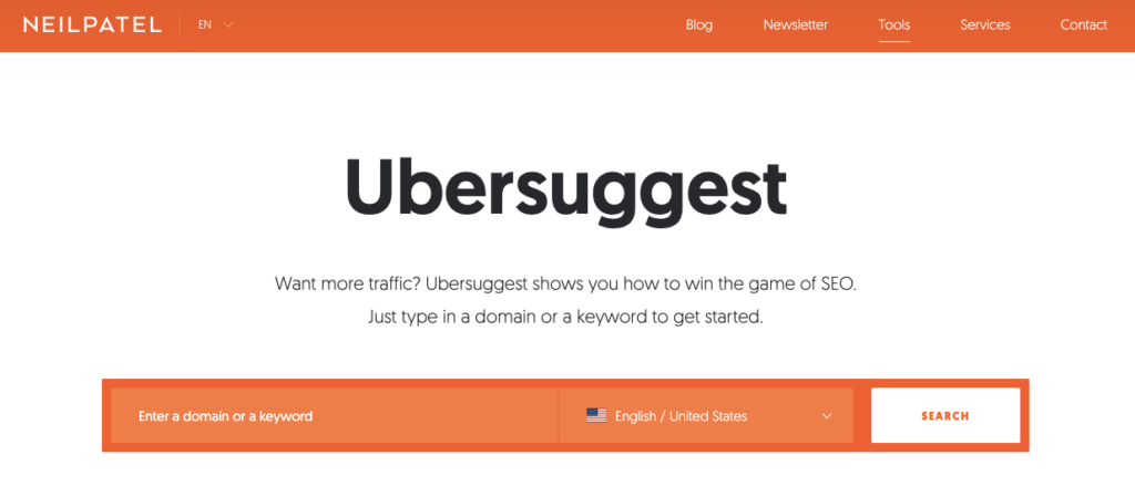 Ubersuggest homepage where you can enter a keyword or domain to search for and get details