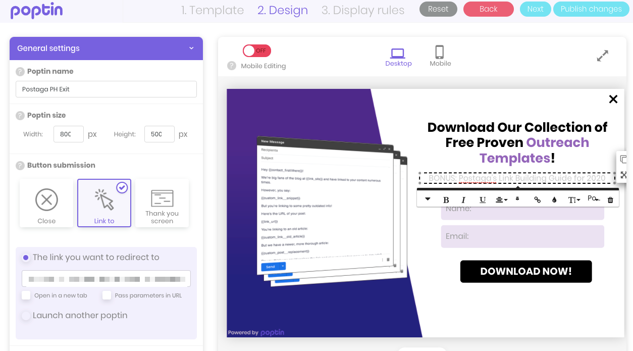 Poptin pop-up form maker showing exit intent popup email capture