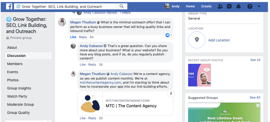 grow together link building facebook group by postaga