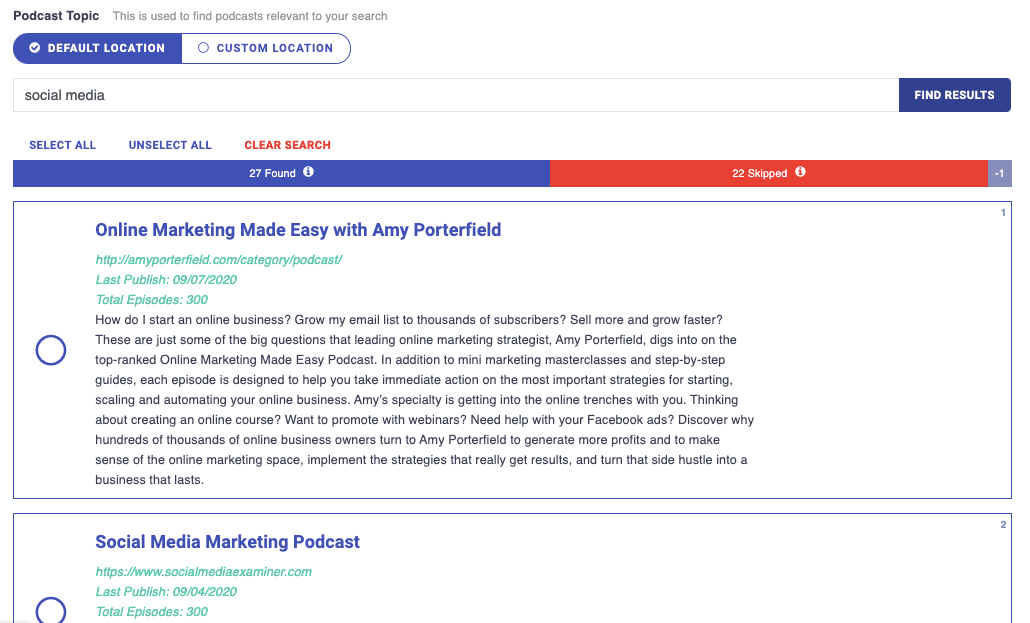 podcast search result finding podcast guest spot opportunities in Postaga