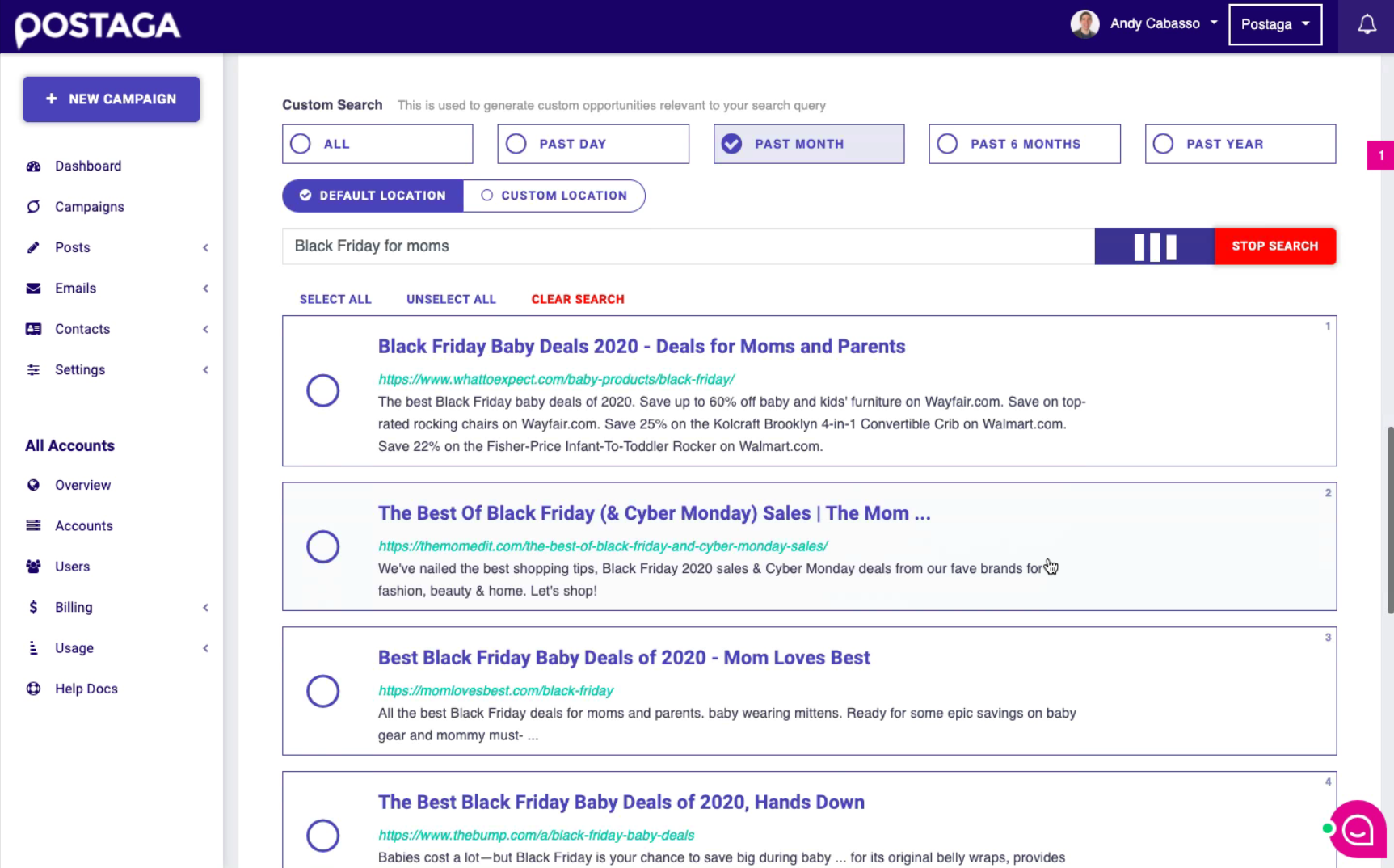 Black Friday search results Searching for Black Friday deal pages in Postaga's opportunity finder