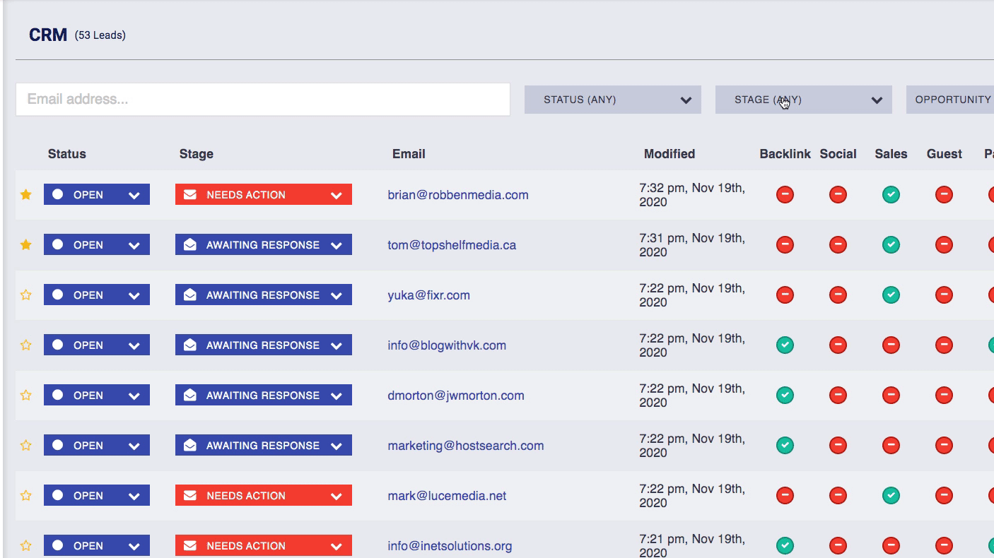 Postaga CRM link building dashboard showing a lead's stage set to won, closing out that lead
