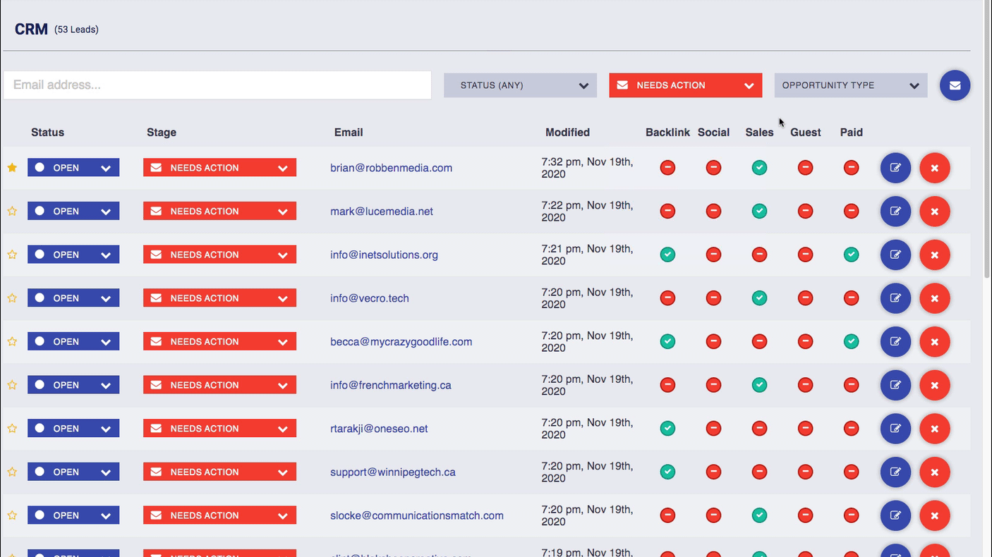 Postaga CRM link building dashboard showing a lead types