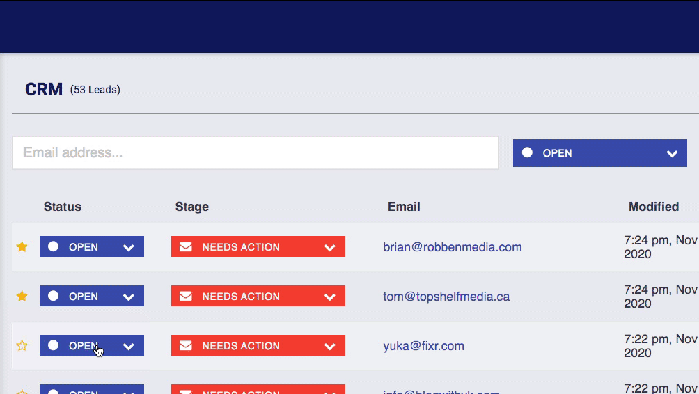 CRM-won Postaga CRM link building dashboard showing a lead's stage set to won, closing out that lead