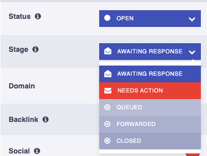 Postaga CRM stages - showing lead stages in the link building and PR outreach CRM software