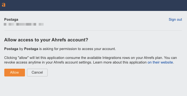 ahrefs postaga integration authorization