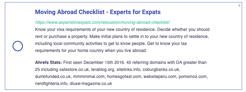 Search result in a multiscraper link building outreach campaign in Postaga, integrating with Ahrefs to find stats and relevant data on the target website, including how many links they have with a domain authority (DA) above 25, and when the article was published