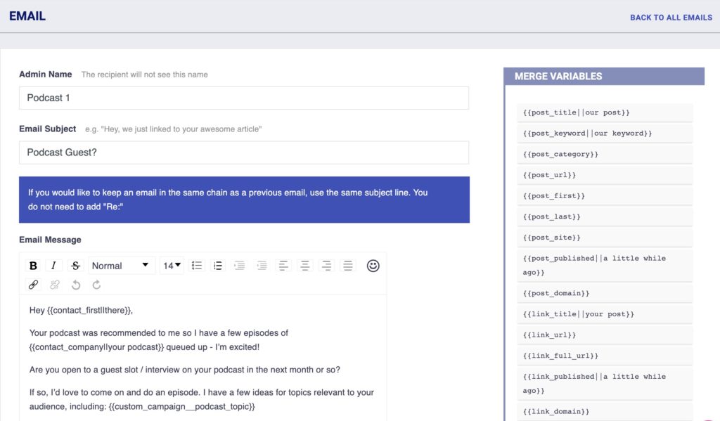 email template creation screen in Postaga