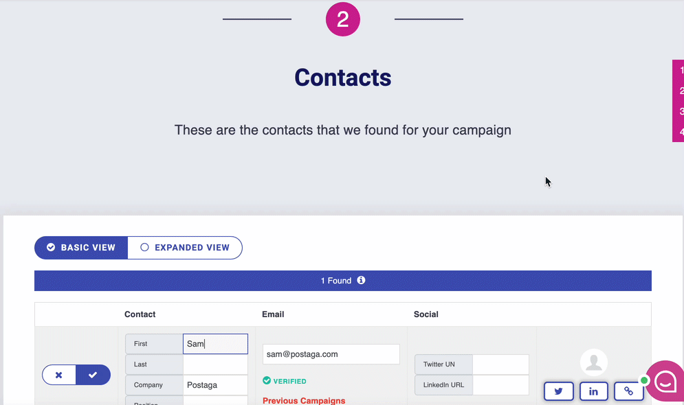 expanded view of contacts in Postaga