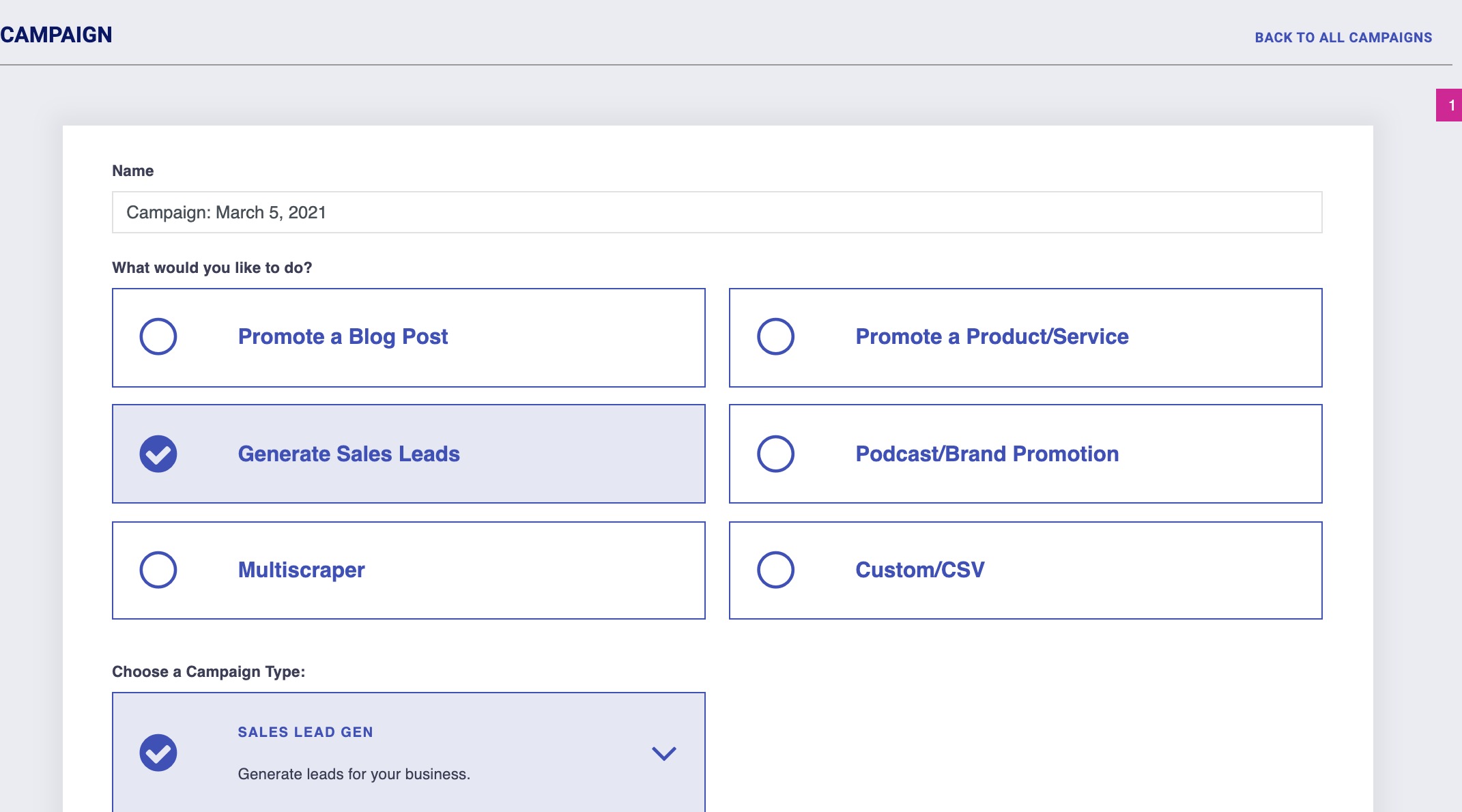 sales lead gen campaign type in Postaga