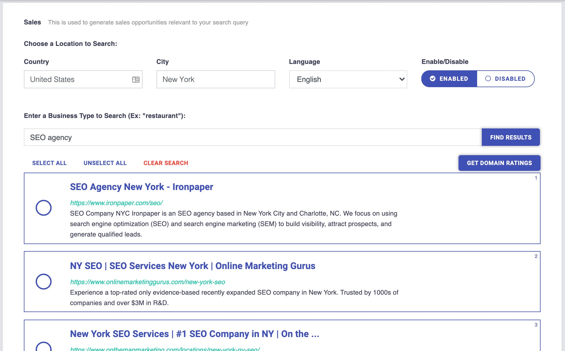 sales lead gen search results