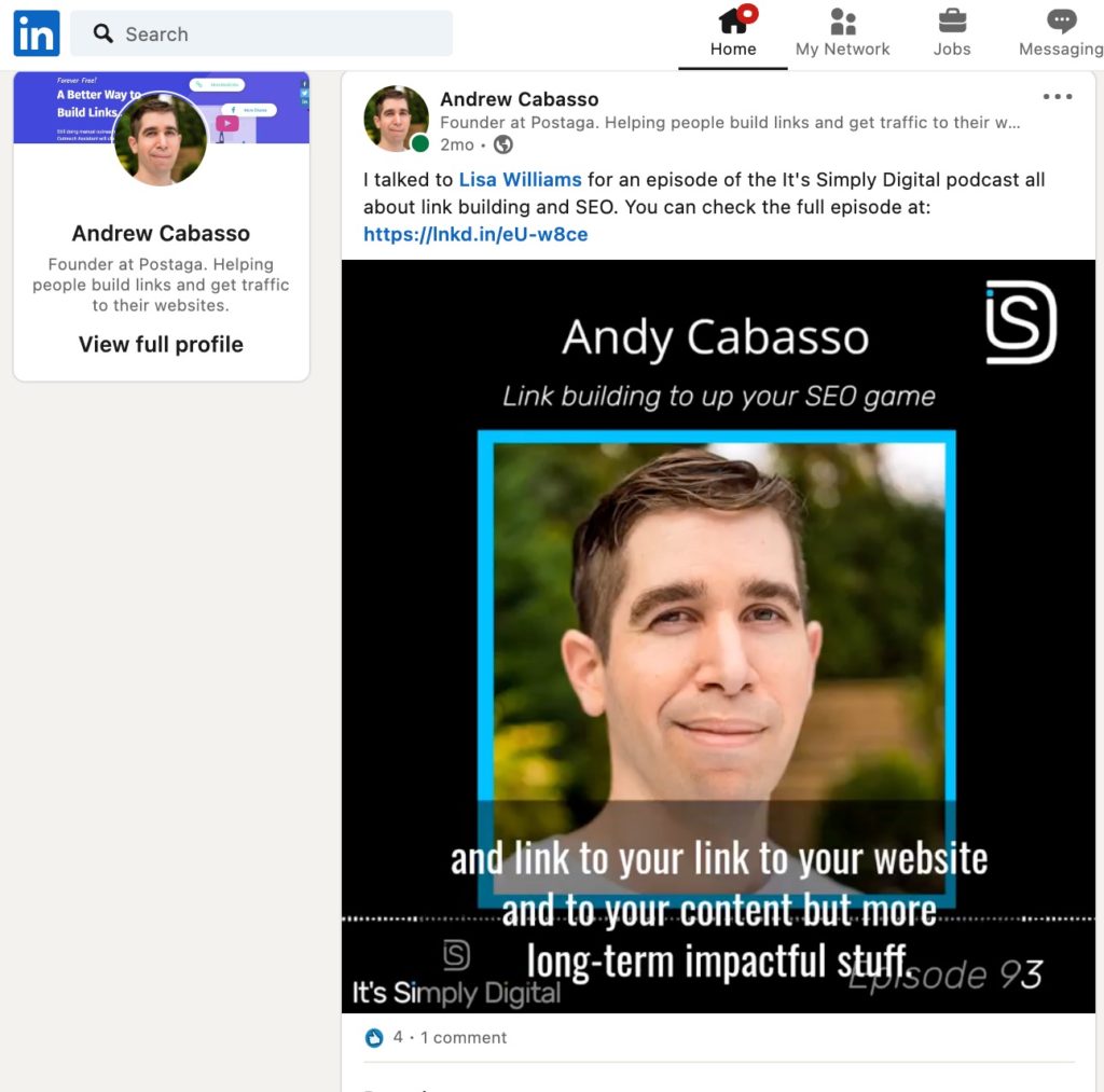 LinkedIn podcast clip with Andy Cabasso on It's Simply Digital podcast episode