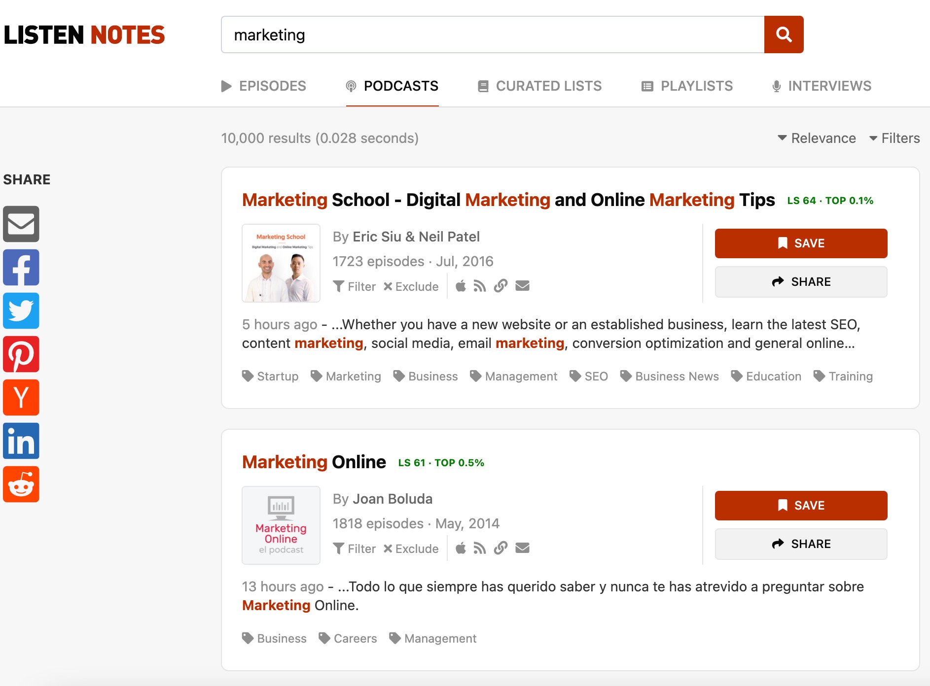 Listen Notes podcast search engine for finding podcasts to be a guest on
