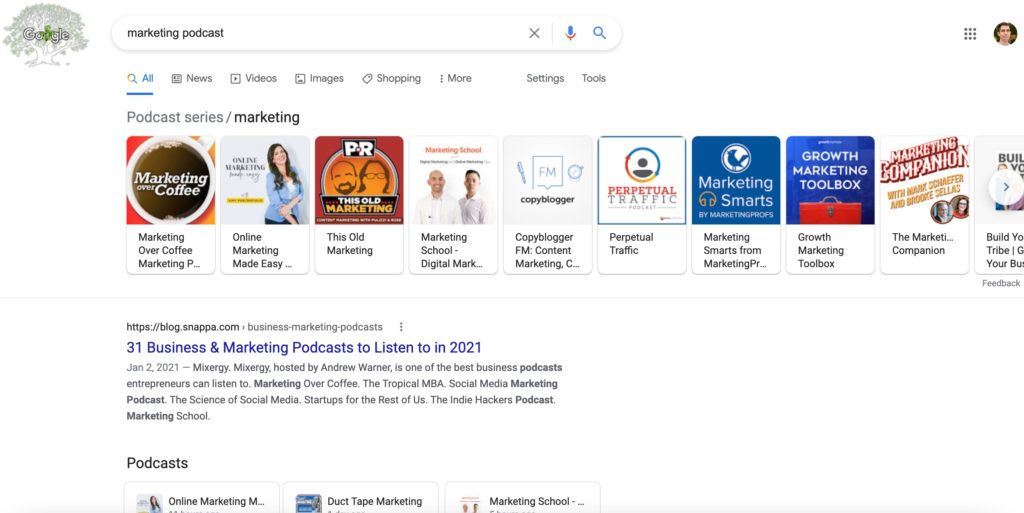Google search results for marketing podcasts, displaying different podcasts related to the keyword marketing, as part of guest pitching outreach for podcasts