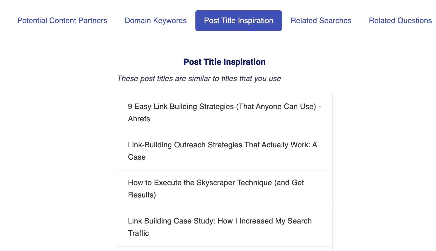 Postaga Content Hub intelligence panel showing blog post title inspiration based on your website analysis