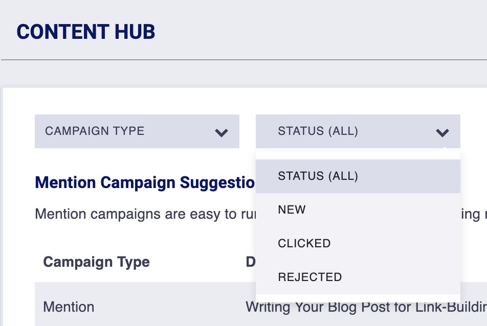 Content Generator status dropdown menu