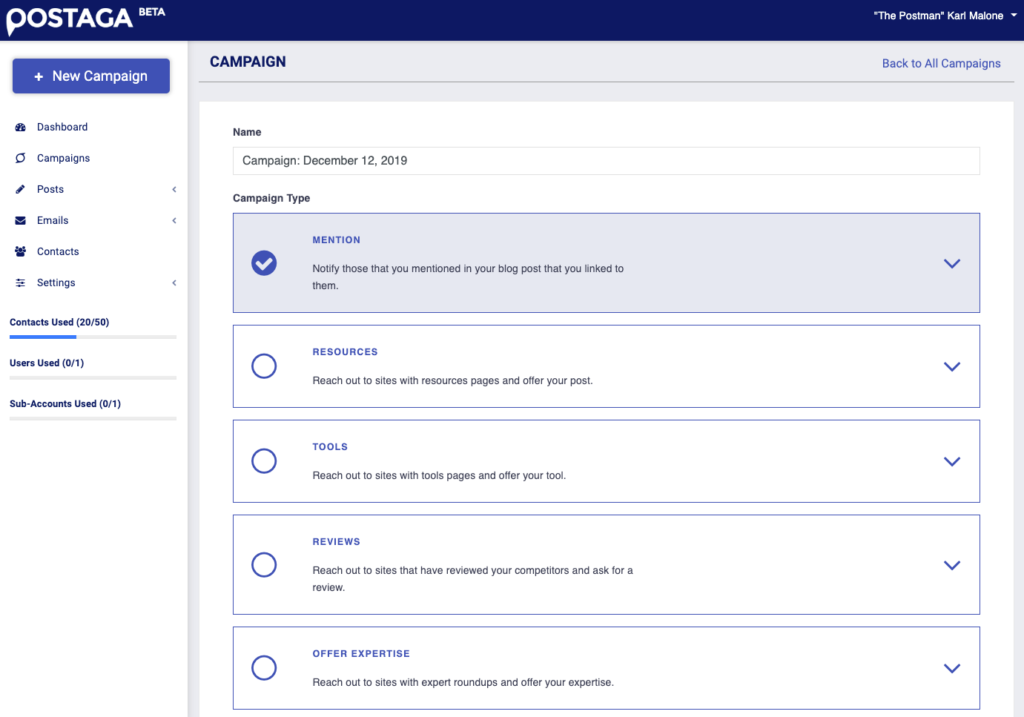 Postaga choose your campaign type - mention outreach, resources, tools, reviews, expertise, link roundup, custom url campaign