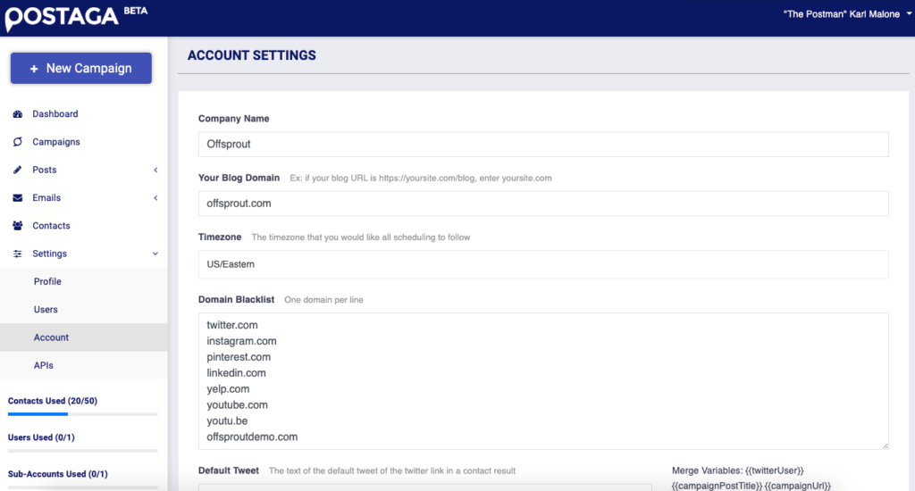 Postaga your account