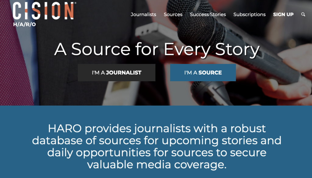 Help A Reporter Out (HARO) homepage - showing it as an example for link building outreach and PR