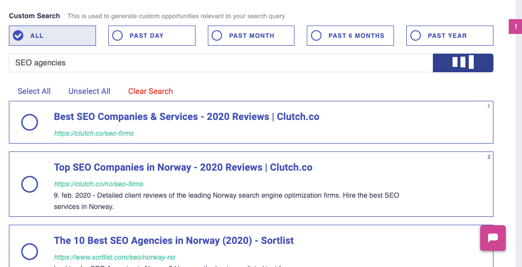 custom search results in Postaga