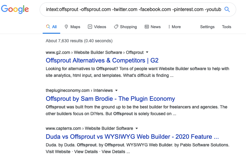 advanced google parameter search for brand mentions by searching for intext: plus a brand name, while excluding the brand's website, twitter, facebook, and youtube