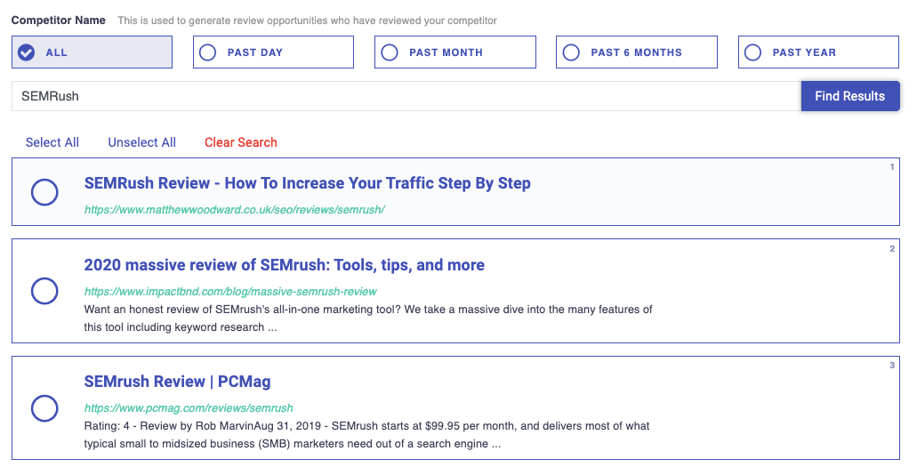 searching for reviews of competitors in Postaga results screen for a review PR campaign