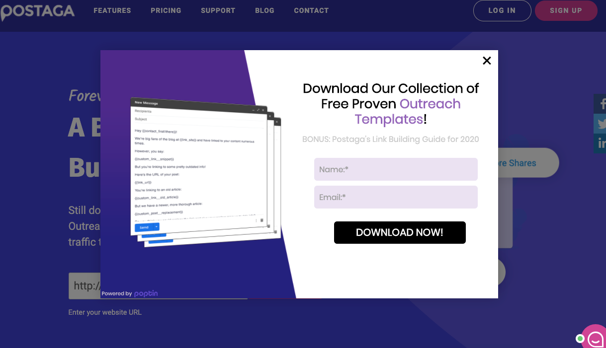Exit intent email capture form with email templates lead magnet on Postaga website