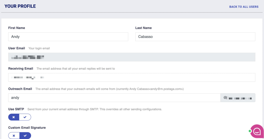 Postaga user profile page