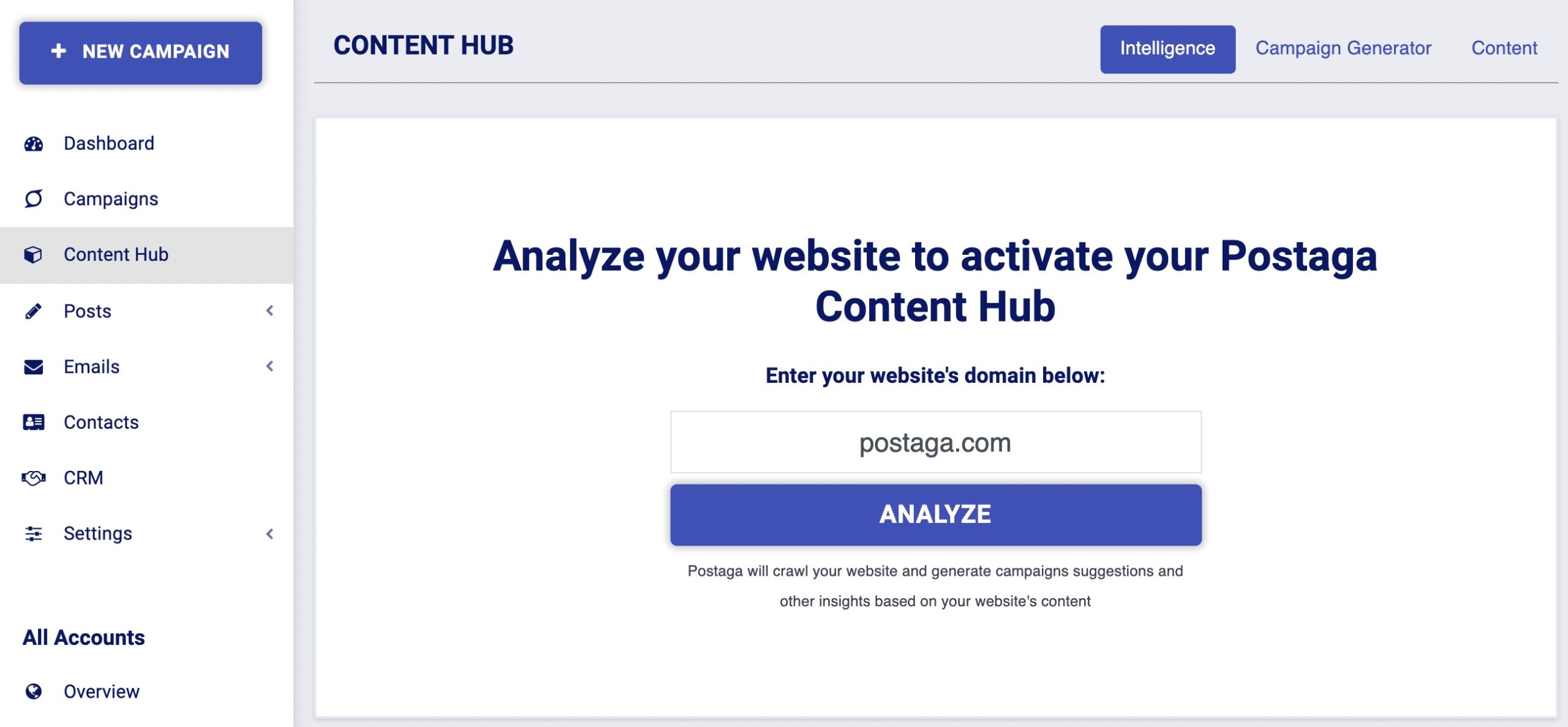 Postaga domain analysis in Content Hub to analyze a website to find good outreach opportunities