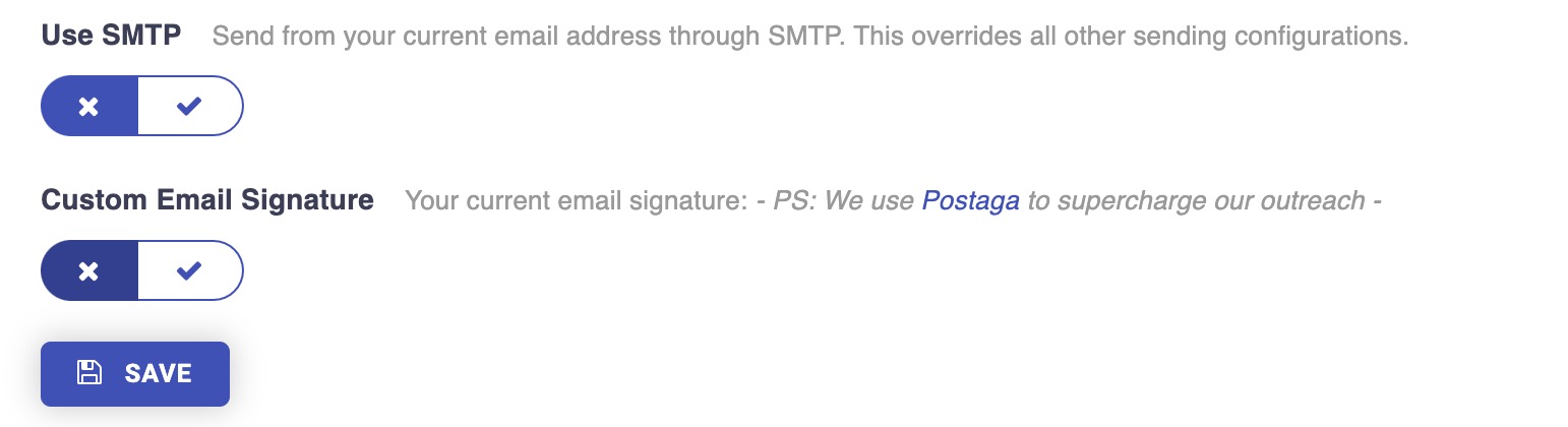 custom email signature off in Postaga