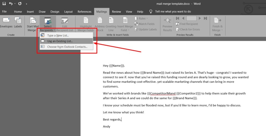 select recipients mail merge outlook