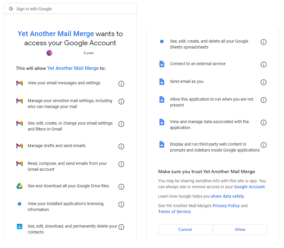 yamm email permission access