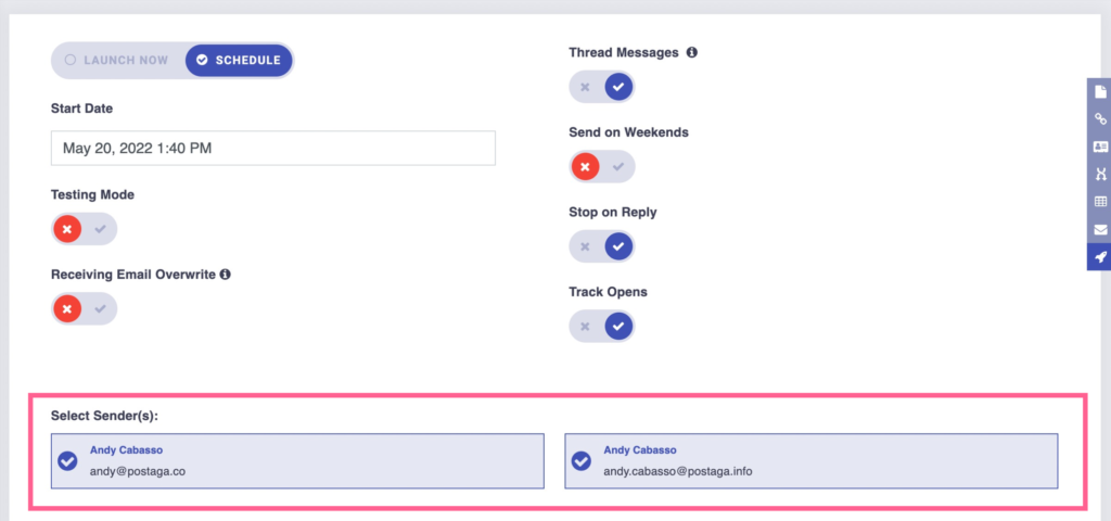 Postaga email sender options to rotate senders and increase the amount of emails you can send