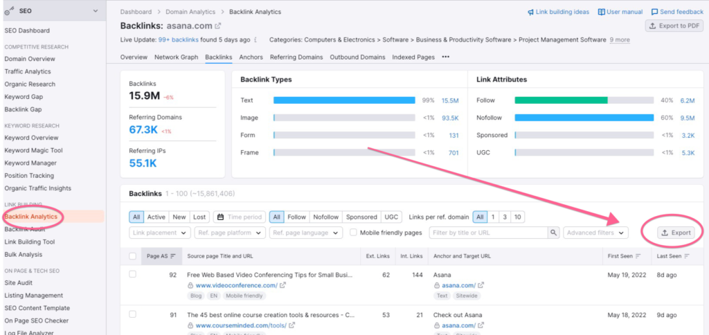 How to export a CSV of backlinks in SEMRush