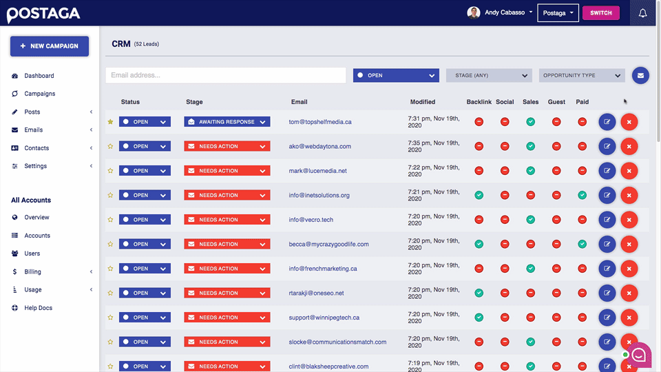 Postaga link building and PR outreach CRM for tracking outreach leads and their progress, this screen shows the CRM dashboard with the user clicking to edit a specific lead and edit its status in the CRM