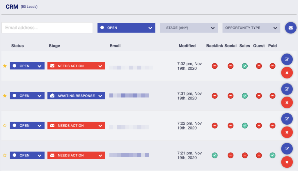 Postaga CRM dashboard screenshot, showing the CRM that helps track link building and PR email outreach campaigns