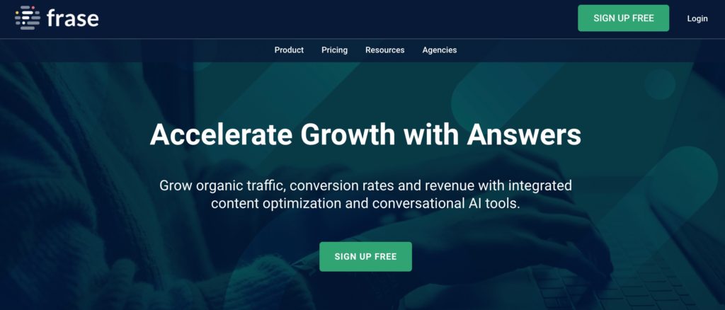 Frase.io homepage - tool for content creation