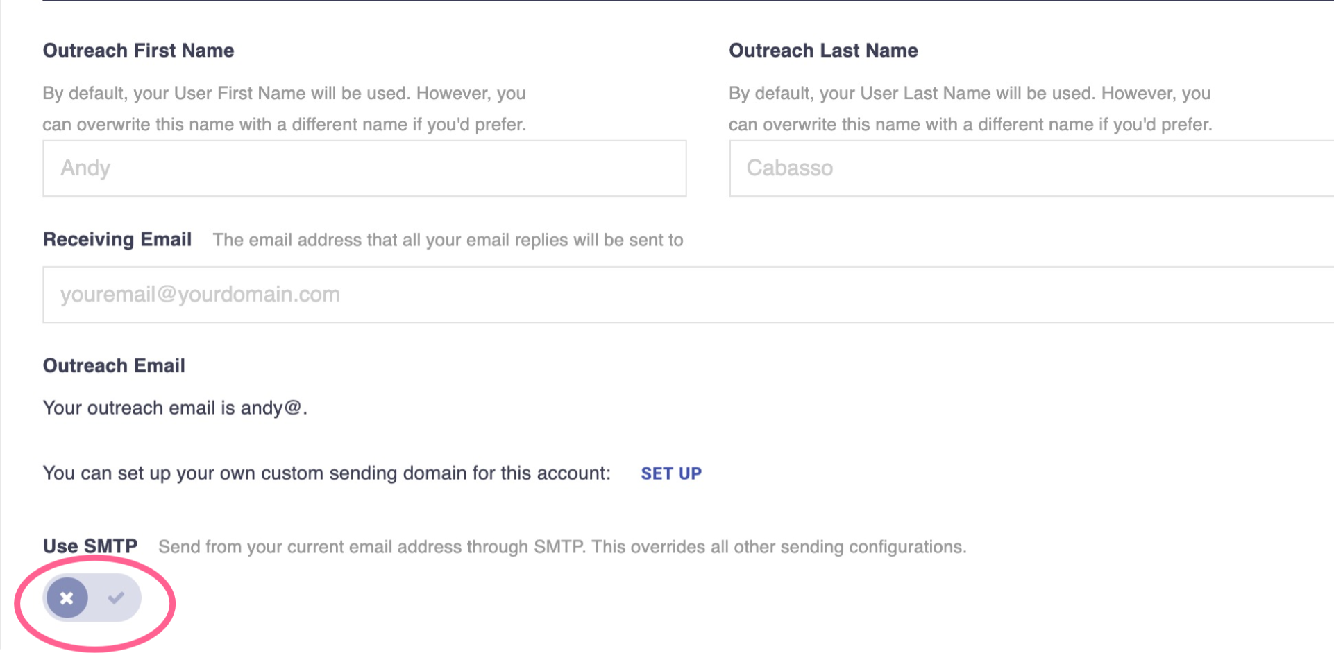 Postaga SMTP setup button