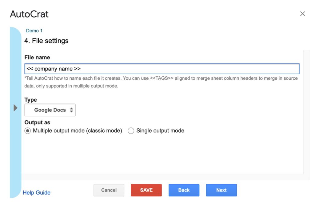 choose file settings autocrat google docs mail merge