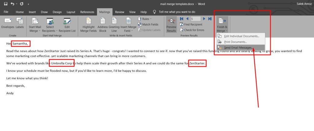 finish mail merge in outlook