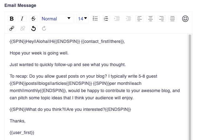 Spintax in Postaga email template to rotate phrases and improve email deliverability